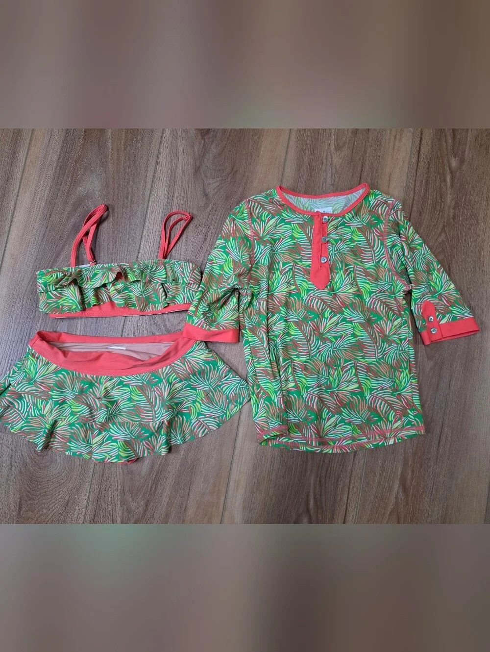 Cabana Life Coral Trim Green Pink Tropical Print Swim Top, Bottoms, Rashguard